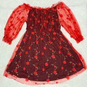 SHEIN Red Embroidered Mesh Bardot Dress